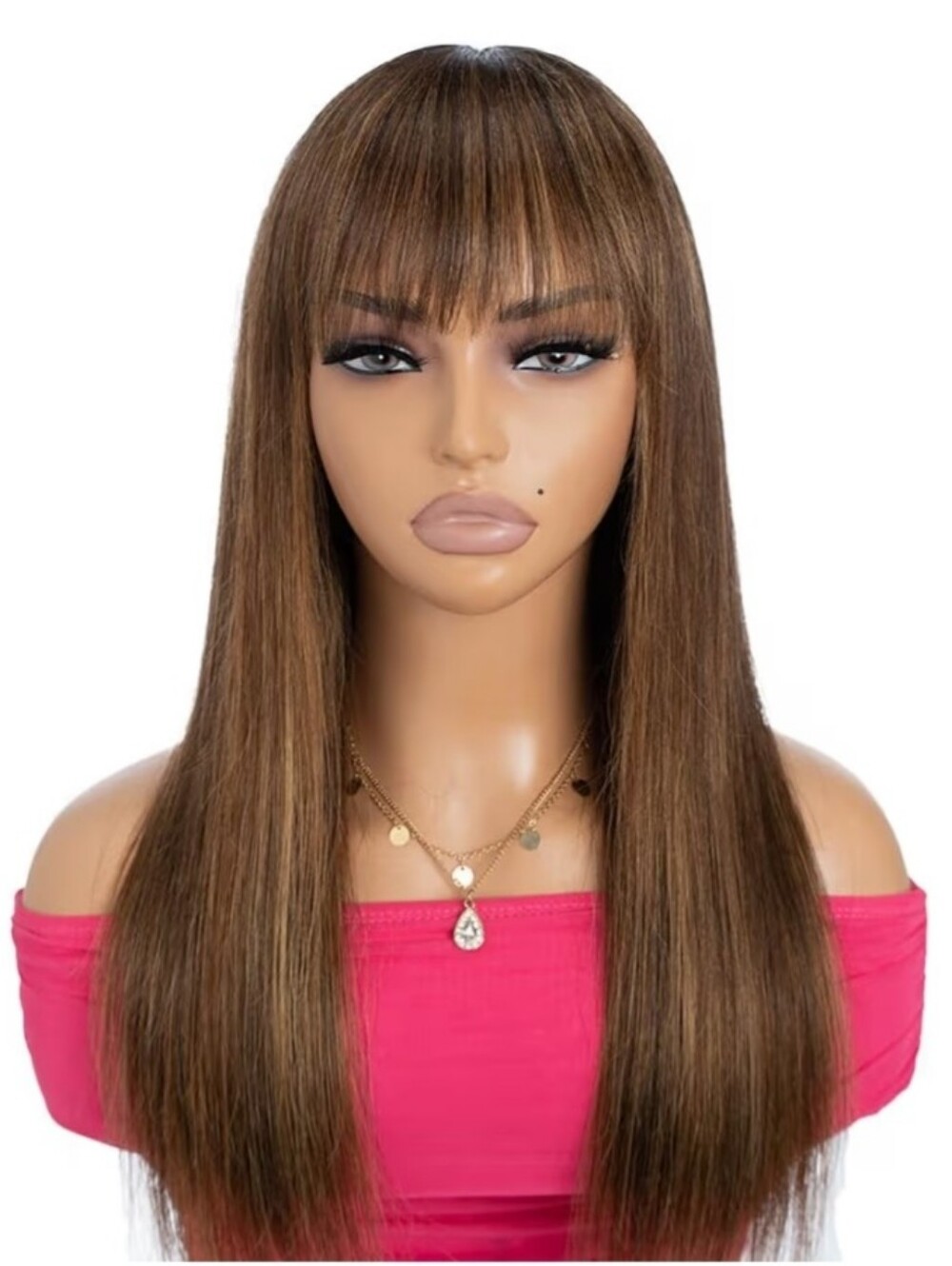 100% Human Hair Wig Blonde Brown Bangs Lace Scalp Glueless Rebecca Fashion
